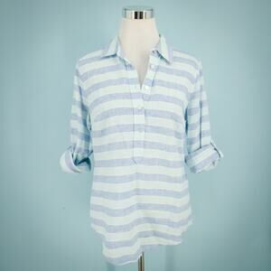 Vineyard Vines Size 6 Blue Stripe Button Long Roll Tab Sleeve Linen Cotton Top